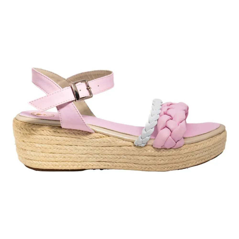 NIB Two Pretty Girls Pink & White Braided Espadrille Wedge Sandal